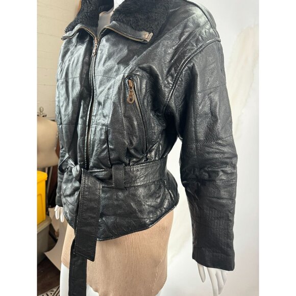 Genuine Leather Northern Style Womens Jacket With Belted Waist Zip Size L Black - Picture 10 of 16